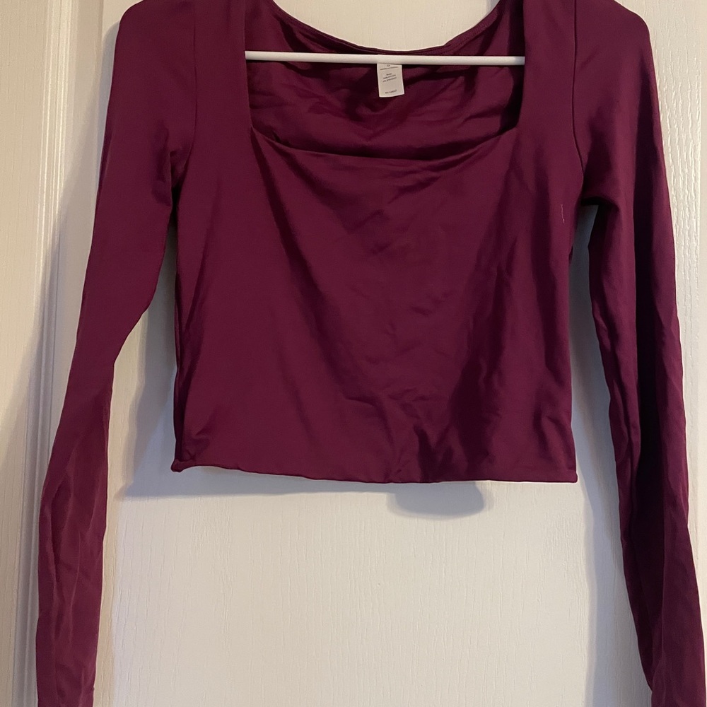 90 Degree By Reflex Long Sleeve Square Neck Crop Top Deep Purple Small Athletic